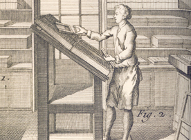 White man in apron inking letters of printing press.