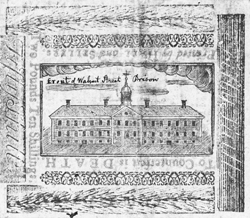 Two Pounds Ten Shillings currency with image of Walnut Street Prison (Philadelphia: Hall & Sellers, 1775).