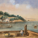 River scene showing man in foreground sitting on deck and man rowing boat. Scattered buildings stand amid tree-dotted hillside along river edge