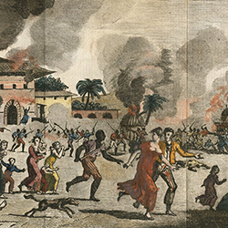 Buildings on fire and people fleeing from a massacre