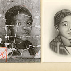 A scratched portrait photo and a drawing of an African American woman