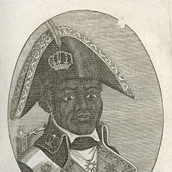 Text and an oval portrait drawing of the first emperor of Haiti