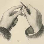 Detail showing the sharpening of a crayon from Pl. 9, “Drawing Instruments &c used in Lithography” in Every Man His Own Printer Or, Lithography Made Easy: Being an Essay upon Lithography in All Its Branches (London: Waterlow and Sons, 1854).