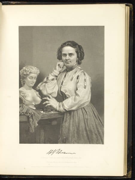 Print of Harriet Hosmer with her sculpture, Daphne.