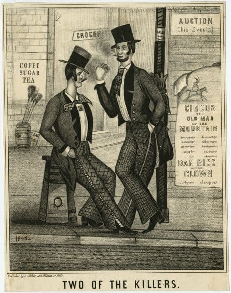 Black and white print of two men loitering. The label reads "Two of the Killers."