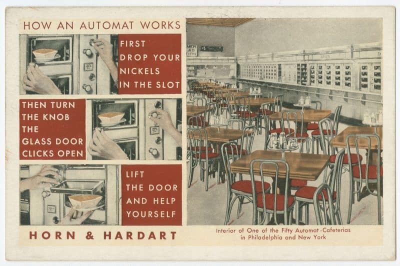Color postcard featuring sequential art to show how an automat operates. Horn & Hardart, How an Automat Works