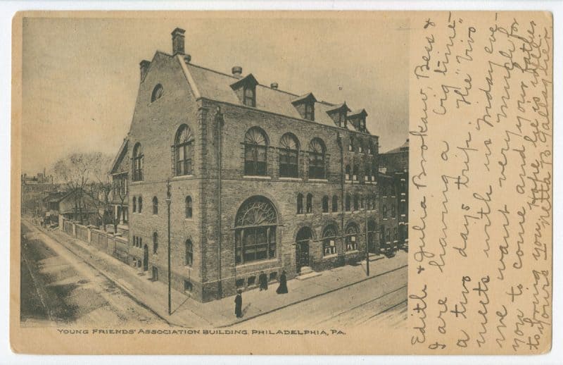 Black and white postcard depicting Young Friends’ Association Building, Philadelphia, PA. There is handwritten text on the right side that is too small to read.