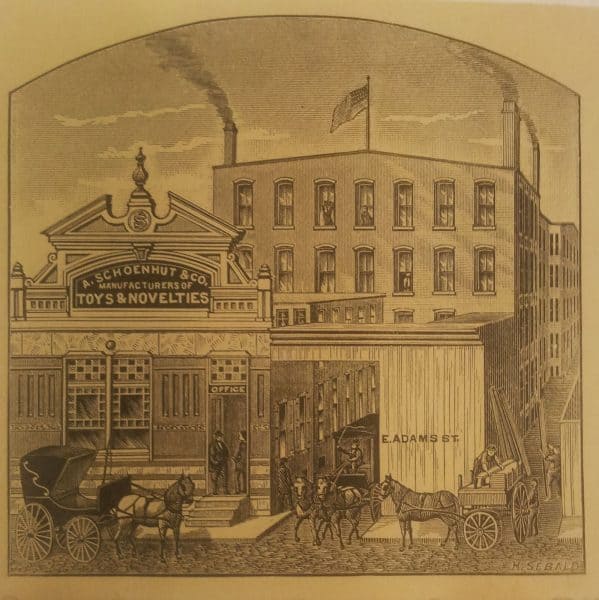 Print depicting a factory front.