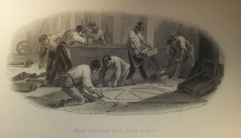 Print depicting men at work in a factory setting.