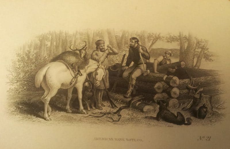 Print depicting a working scene. A horse, three men, and two dogs are gathered together near a stack of logs. One man holds an axe and the other holds a pipe.