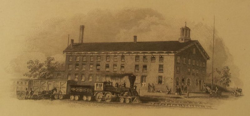Print depicting a factory with a train in the foreground.