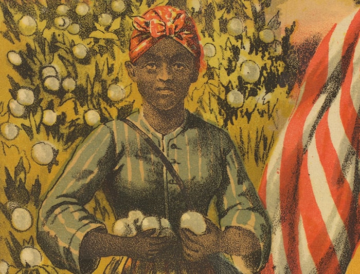 Print depicting an African American woman, holding cotton, next to an American flag.