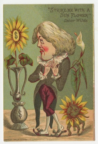 Trade card showing influence of Oscar Wilde’s 1882 tour of North America.