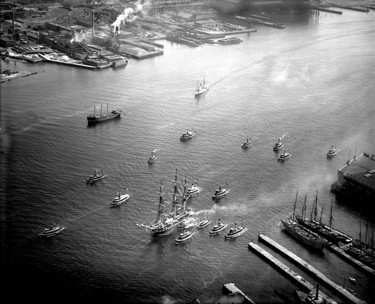 USS Constitution sailing on the Delaware River, Philadelphia, photograph by Aero Service Corporation.  Ca. 1931