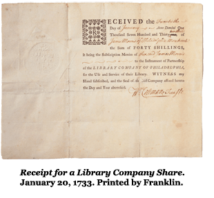 Receipt for a Library Company Share. January 20, 1733. Printed by Franklin.