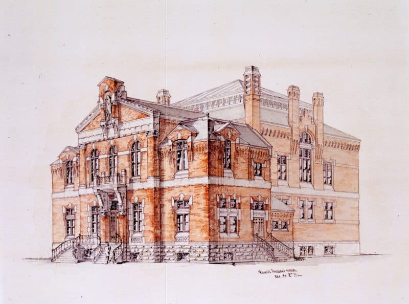 Frank Furness, Juniper and Locust Street Building.  Ink and wash drawing. (Philadelphia: 1879)