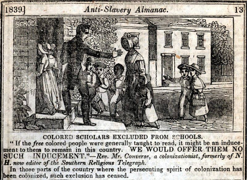 “Colored Scholars Excluded from Schools,” woodcut from  American Anti-Slavery Almanac, for 1839 (New York, 1838).