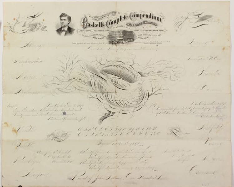 This Sheet Contains Samples of Real Penmanship from Gaskell's Complete Compendium of Elegant Writing ([Manchester, N.H.?], ca. 1878?). Engraved broadside.