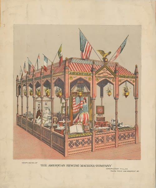 Compliments of the American Sewing Machine Company: Manufactory Phil[adelphia], PA. Sales Room 1318 Chestnut St. (Philadelphia, 1876). Chromolithograph.