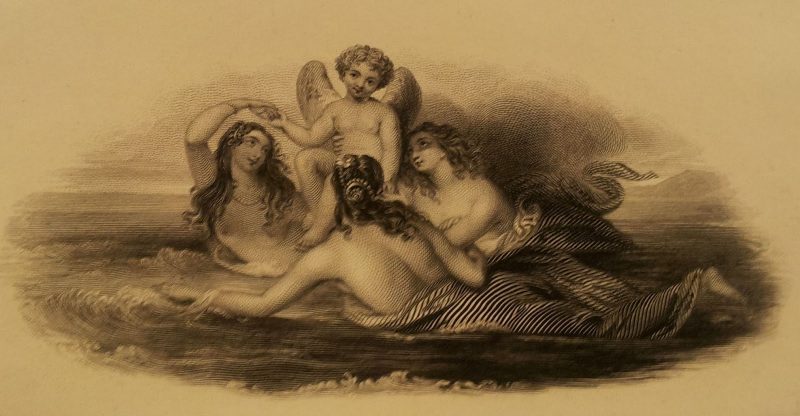 Print depicting three women and a cherub. The women are staring at the cherub.