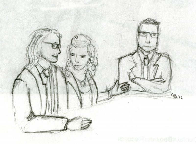 Sketch by Concetta Barbera depicting three attendees, two men and a woman.