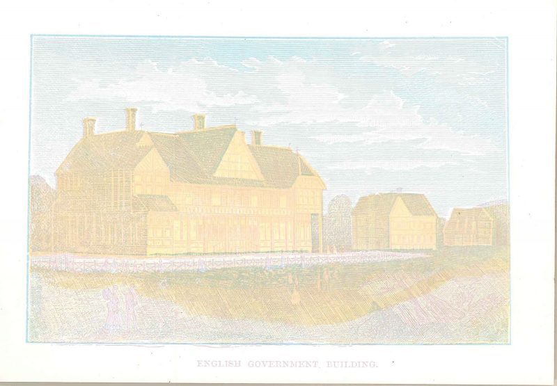 Print depicting the English Government Building in pastel colors.