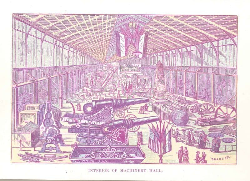 Print depicting the Interior of Machinery Hall in pastel colors.