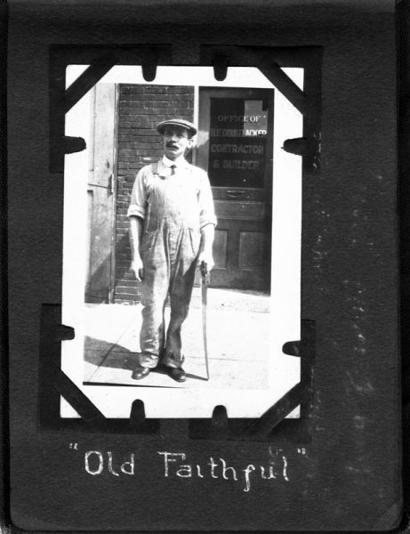 Compiled by the contractor’s son Paul, the palm-size booklet opens with a portrait of the recipient, “Old Faithful,” which is then followed by images depicting the offices, shops, yards, construction sites, completed jobs, and employees associated with Dinkelacker.