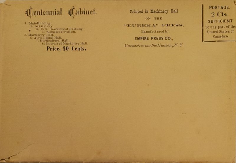 Paper envelope. Centennial Cabinet, Eureka Press, Empire Press Co., N.Y.
