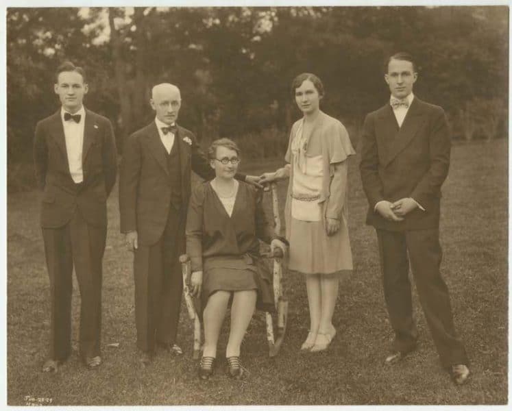 Jennings Family at Sara Jennings' Wedding, June 28, 1929. (l-r) Ralph Jennings, William N. Jennings, Mary Jennings, Sara Jennings, and Bill Jennings.