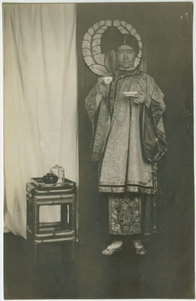 Several of the portraits may have been taken for Elizabeth Shippen Green’s projects, as seen by the above image. Found within a folder titled “Elizabeth in Chinese Costume,” Green poses holding a teacup and saucer.