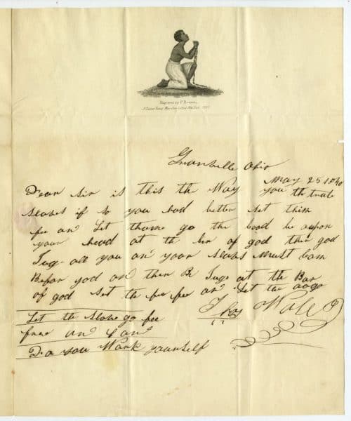 A rare piece of stationery with a letter written on it. The stationery pictures the figure of a kneeling female slave and is captioned “Engraved by P. Reason, A Colored Young Man of the City of New York, 1835.”