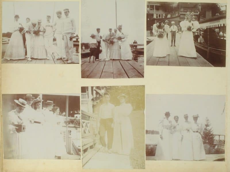 Scrapbook page with six photographs on it. Each picture shows a group of men and women posed.