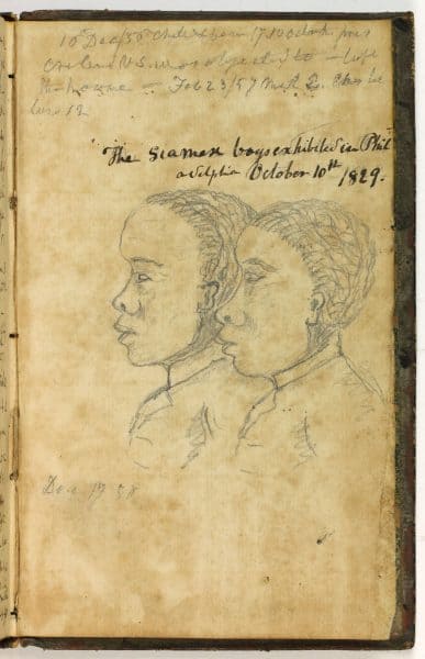 Drawing of two males in profile under the manuscript caption “The Siamese boys exhibited in Philadelphia October 10th 1829.”  The “Siamese boys,” were Chang and Eng Bunker, the famous conjoined twins who first came to the public’s attention in 1829, when they left Siam for a tour of Europe and North America.