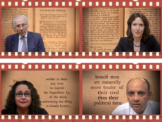 Film stills from Thomas Paine: Revolution in America by Rick Feist (Clockwise from top left: Lewis Lapham, Katrina vanden Heuvel, Kwame Anthony Appiah, Brooke Gladstone)