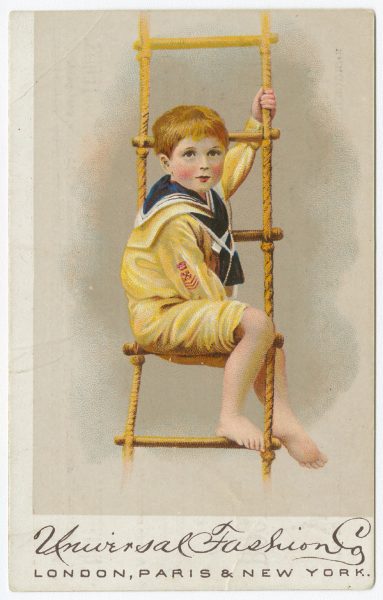 Universal Fashion Co. Trade Card, c. 1882. A child with short hair wears a yellow sailor suit.
