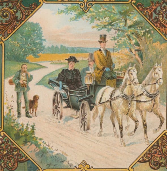 The central vignette showing a chauffeured carriage on a dirt road transporting a wealthy couple past an indigent man, presumably a victim of the Panic of 1893, epitomizes this sentiment.