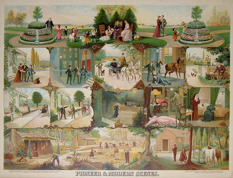 Becker, F. Otto. Pioneer & Modern Scenes. (Terre Haute, Indiana: Published by the J. M. Vickroy Co., 1895), chromolithograph.