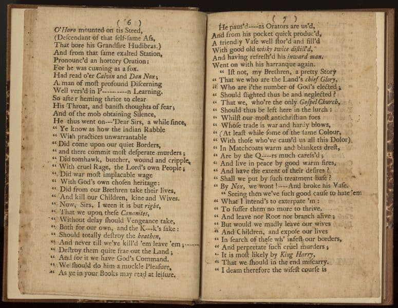 Example of a scanned pamphlet. This one is from a poem titled “The Paxtoniade” (Am 1764 Gym [795.D.24]). The title and content are meant to parody the epic poetry genre (Homer’s Iliad being a famous example). The poem describes the events leading to the Paxton Massacre. It mocks the Paxton Boys and their motivations, with a clear anti-Paxton bias from the author.