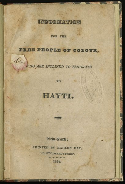 Book title page, Information for the Free People of Colour who are Inclined to Emigrate to Hayti.