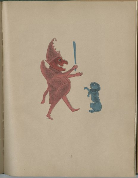 Illustration from Spectropia depicting a red devil and blue dog. The devil holds a blue staff.