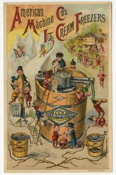Trade card for American Machine Co.’s Ice Cream Freezers depicting a freezer and many children.