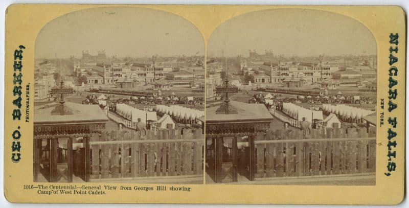 Stereographic print captioned, "The Centennial- General view Georges Hill showing Camp of West Point Cadets."