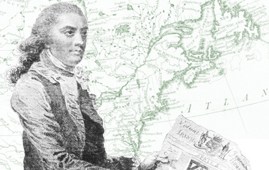 Photoshopped image of a man holding a map atop a map of the Atlantic coast of North America.