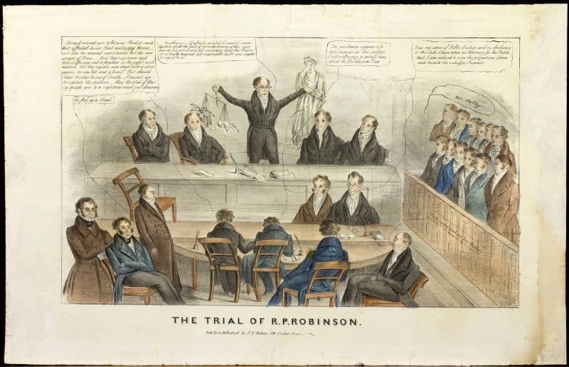 Satiric response to the not-guilty verdict in the 1836 trial of Richard Robinson for the murder of Helen Jewett.