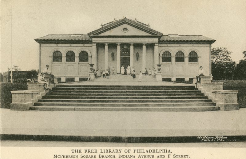 Fig. 3. William H. Rau, The Free Library of Philadelphia, McPherson Square Branch, Indiana Avenue and F Street, (Brooklyn, N.Y.: Albertype Co., 1917). Postcard. Library Company Postcard Collection.