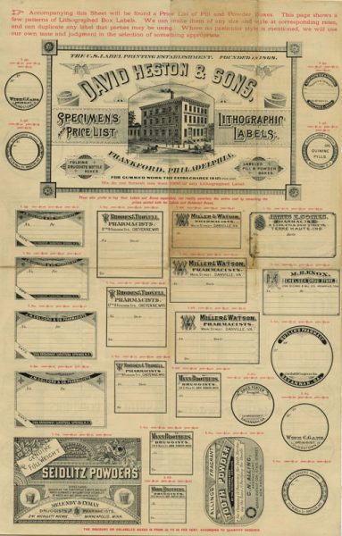 David Heston & Sons, Frankford, Philadelphia. Specimens and Price List, Lithographic Labels. (Philadelphia, ca. 1890). Lithograph.