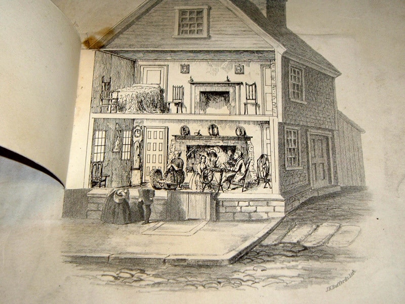 Lithograph of Birthplace of Benjamin Franklin, in Milk St., Boston, Jan. 6. 1705-6. O.S. as reproduced at the Fair of The Boston Young Men's Christian Association, Decr. 25 1858. J.H. Buffords lith., 1858.