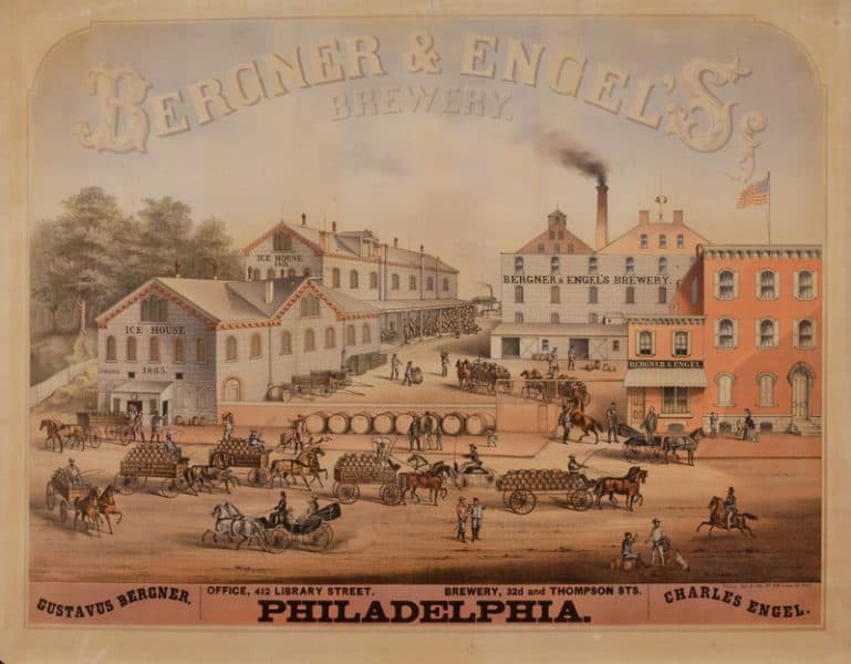 Bergner &amp; Engel's Brewery. Office, 412 Library Street. Brewery, 32d and Thompson Sts. Philadelphia. (Philadelphia: Charles P. Tholey, ca. 1873). Chromolithograph.