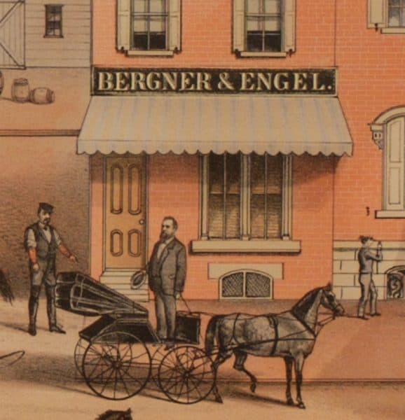 Detail depicting one of the proprietors, Bergner, conversing with an employee in front of his office.